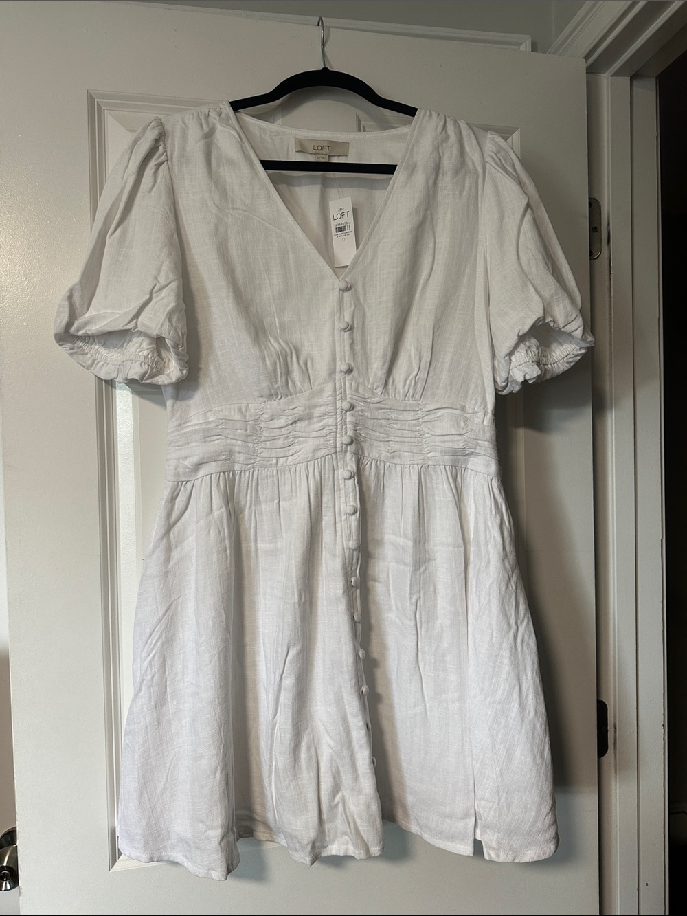 NWT - LOFT White V-Neck Button Dress with Puff Sleeves